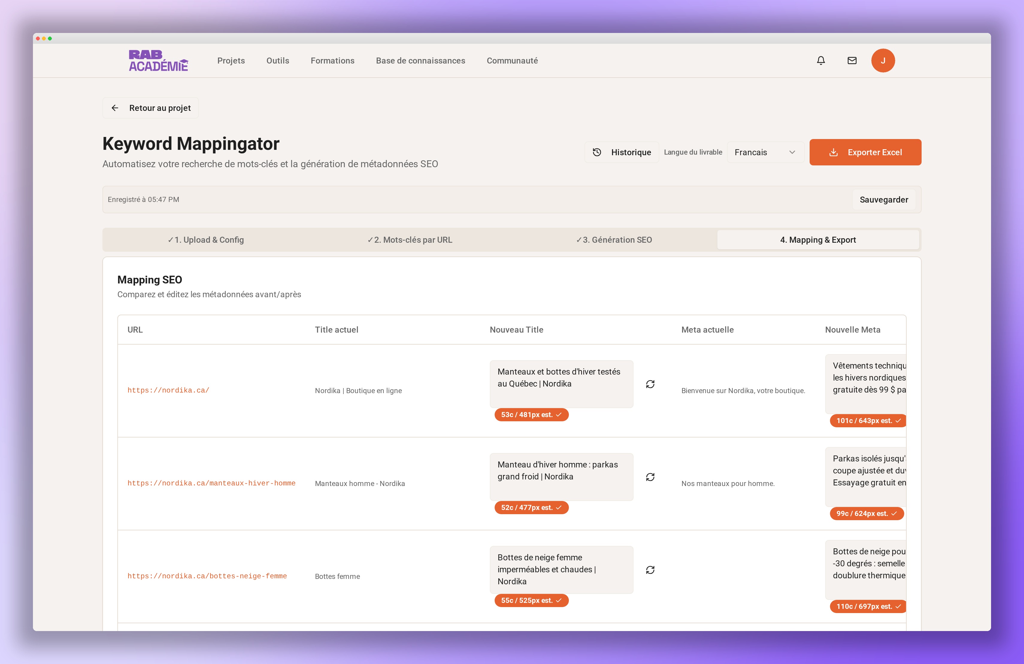 Interface Keyword Mappingator : mapping des métadonnées SEO avant et après par URL